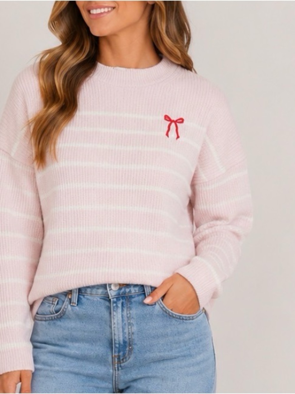 A New Day Light Pink Striped Women’s Sweater with Red Bow Accent Christmas SZ S